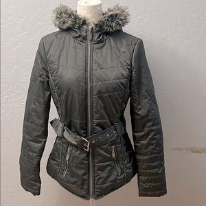 Guess gray Puffer Jacket with Faux Fur Trim